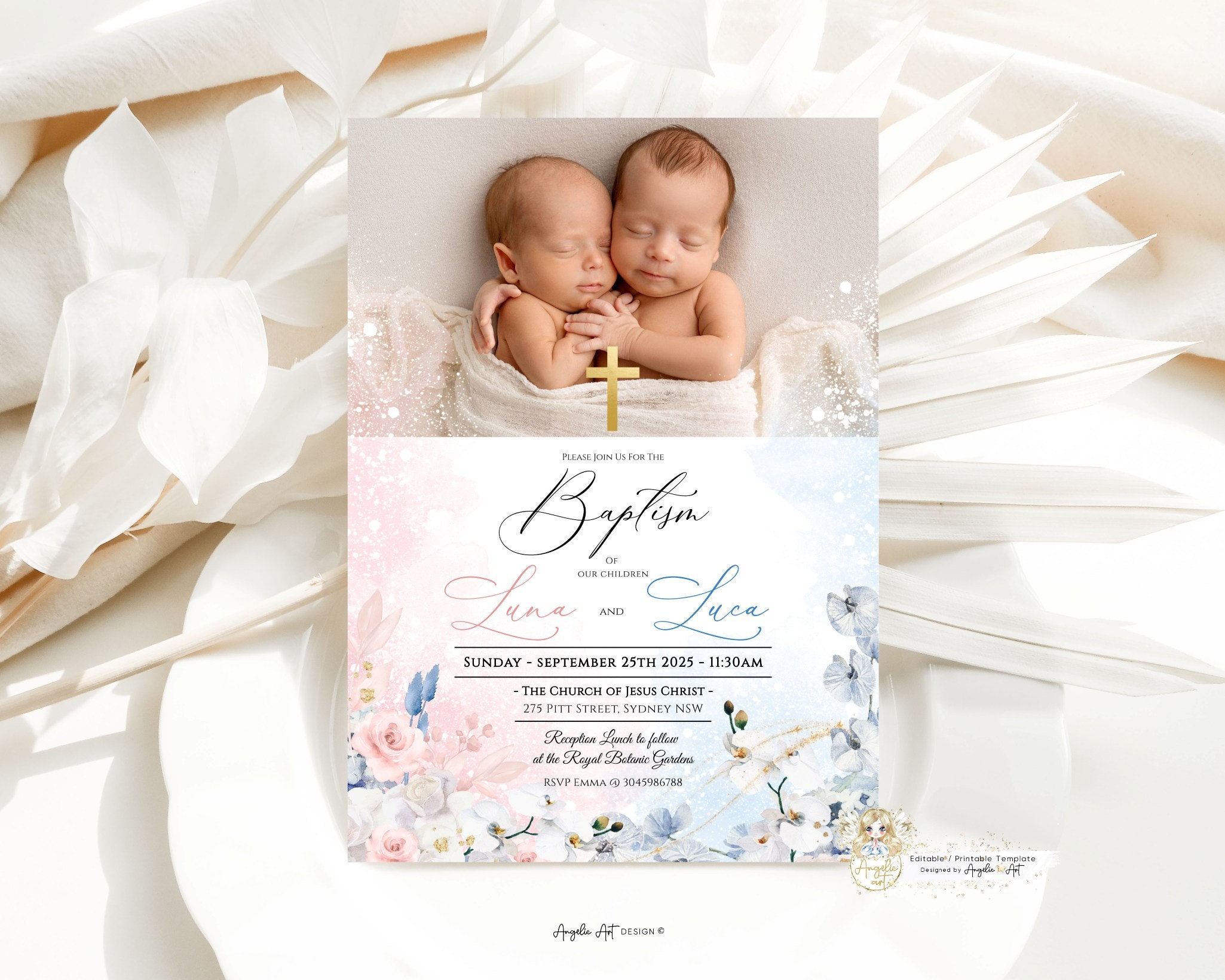 ALEXIS - Pink Blue Orchid Baptism Invitation With Photo, EDITABLE