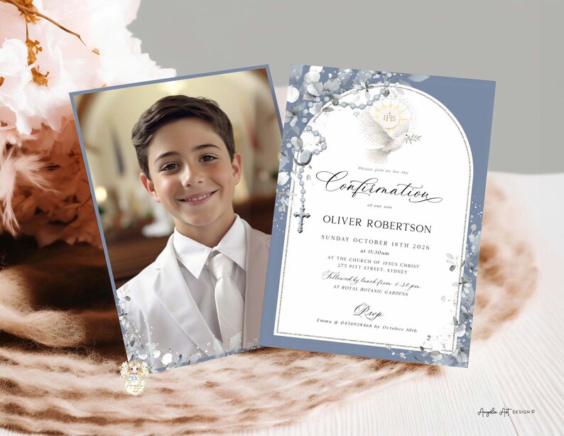 DUSTY Blue Silver PHOTO Confirmation Invitation Boy Template ...