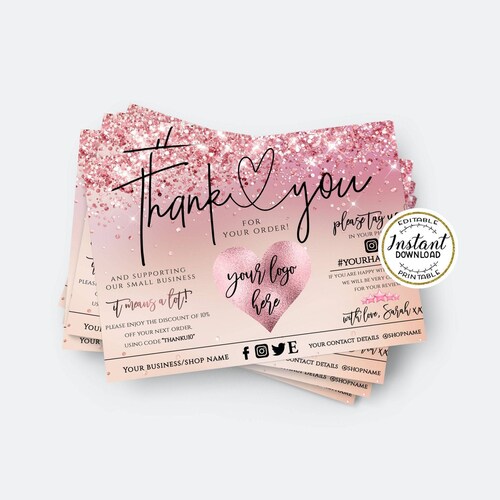 GLAM - Carte de remerciement modifiable pour entreprise or rose pailletée Ajoutez le modèle de carte de visite moderne LOGO emballage Merci pour votre commande