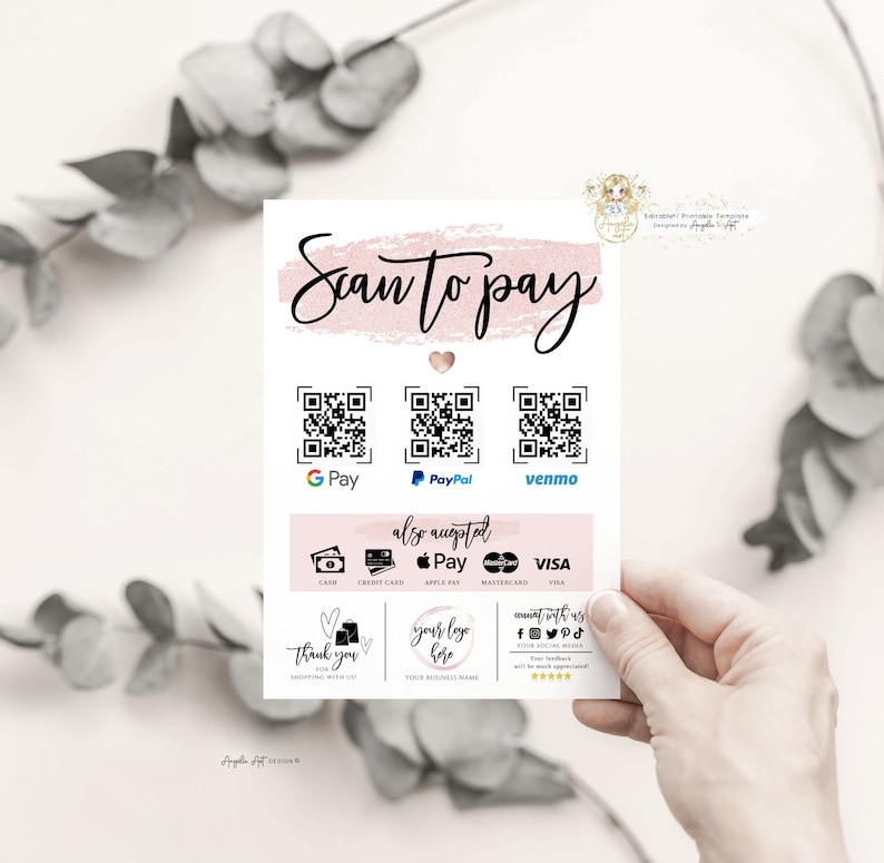 ROSY Rose Gold Editable Scan to Pay Template QR Payment Sign Template Printable Scan to Pay Sign Customer QR Sign DiY Cash App Sign image 3