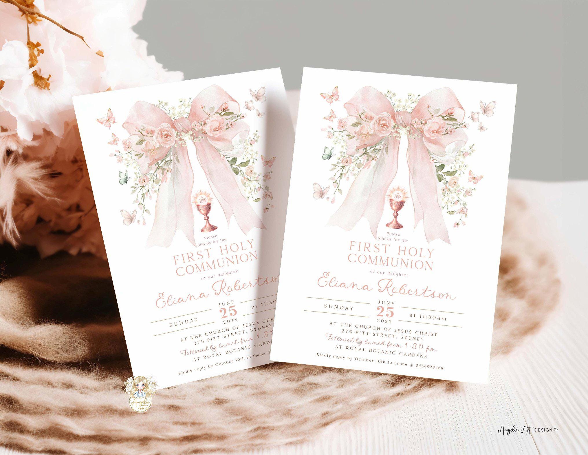 IVY - Blush Pink Floral BOW Butterfly First Holy Communion Invitation ...