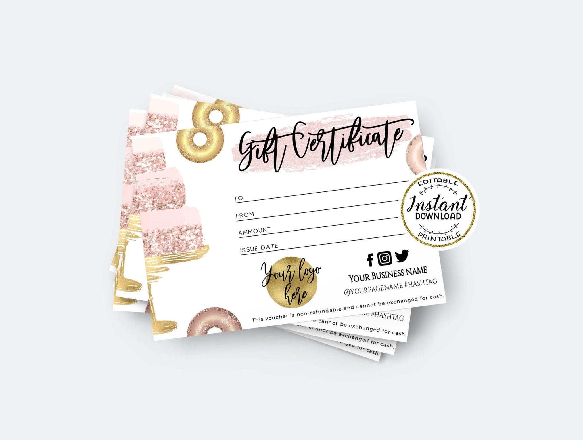 Bakery Gift Certificate Template Rose Gold Cake Donnuts - Etsy