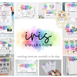 May include: A collection of printable digital designs featuring a rainbow watercolor background with the text "iris COLLECTION". The designs include a thank you card, a gift certificate, a loyalty card, a scan to pay sign, a love it! stamp, a gift for you card, an invoice, and a customer order form.