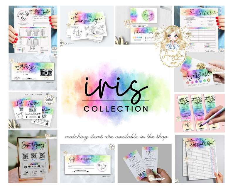 May include: A collection of printable digital designs featuring a rainbow watercolor background with the text "iris COLLECTION". The designs include a thank you card, a gift certificate, a loyalty card, a scan to pay sign, a love it! stamp, a gift for you card, an invoice, and a customer order form.