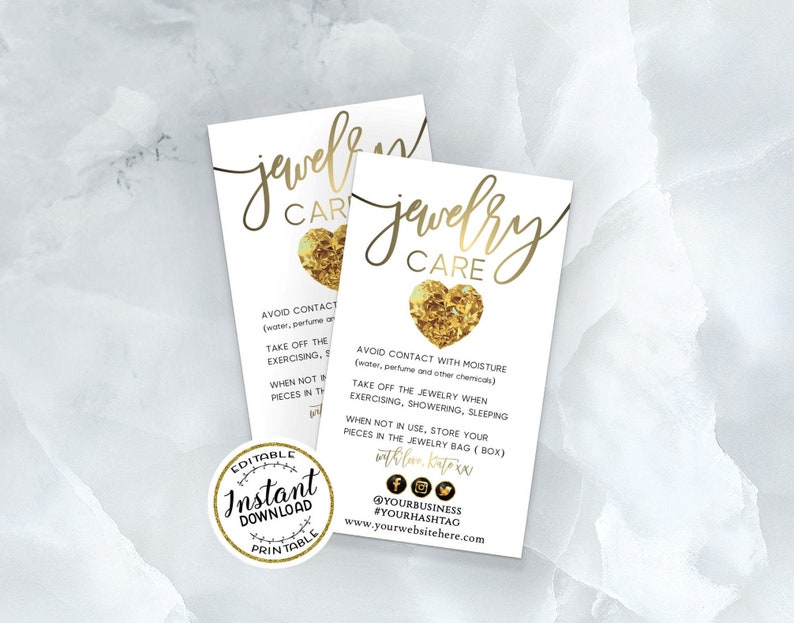 Gold Jewelry Care Cards Template Printable Editable Care Etsy