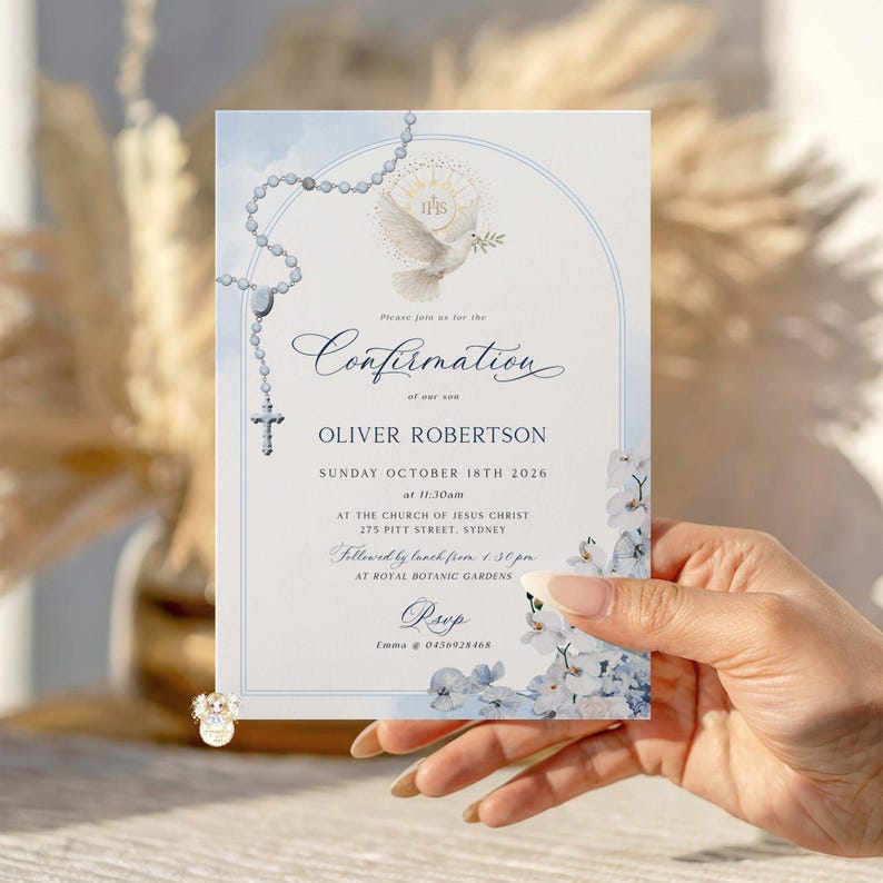 Blue ORCHID Floral PHOTO Confirmation Invitation Template, Boy Rosary ...