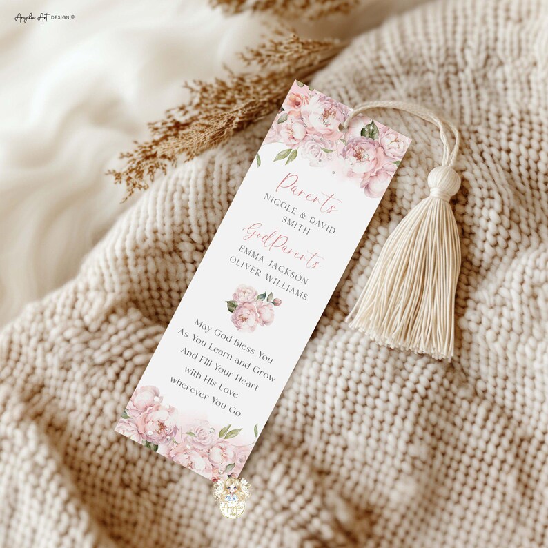 SOPHIA - Blush Pink Floral Rosary Baptism Bookmark Template ADD PHOTO ...