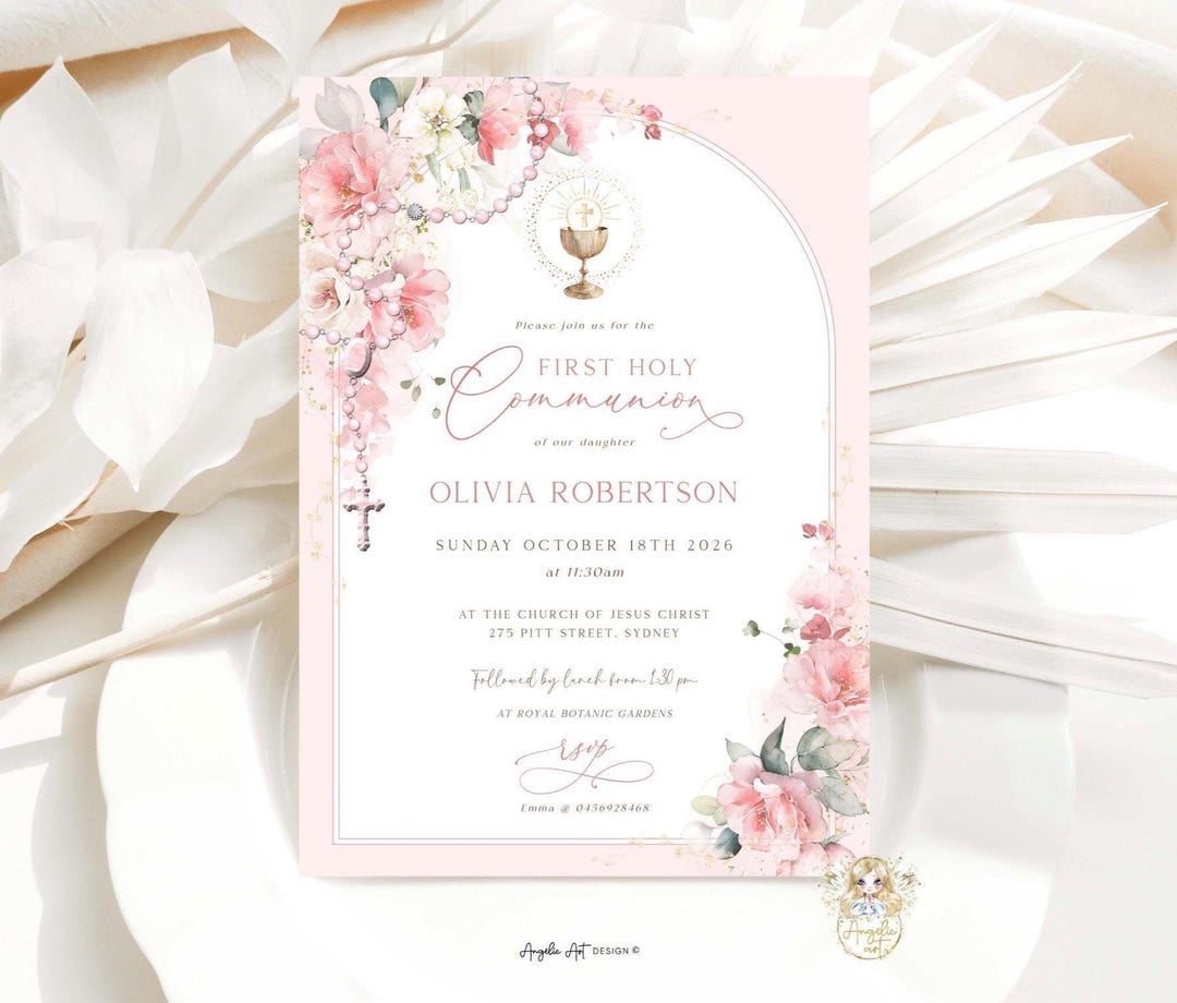 ISABEL - Soft Floral Blush Pink Rosary First Holy COMMUNION Invitation ...