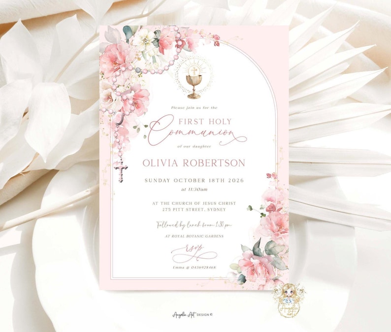 ISABEL - Soft Floral Blush Pink Rosary First Holy COMMUNION Invitation ...