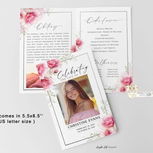Pink Roses Funeral Program Template EDITABLE Printable Memorial Service ...
