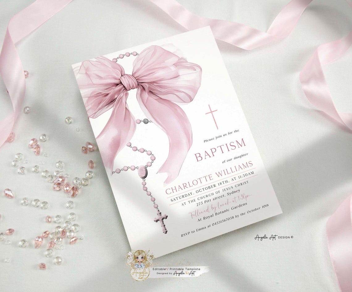 AMY Blush Pink BOW Rosary Baptism Invitation Template EDITABLE
