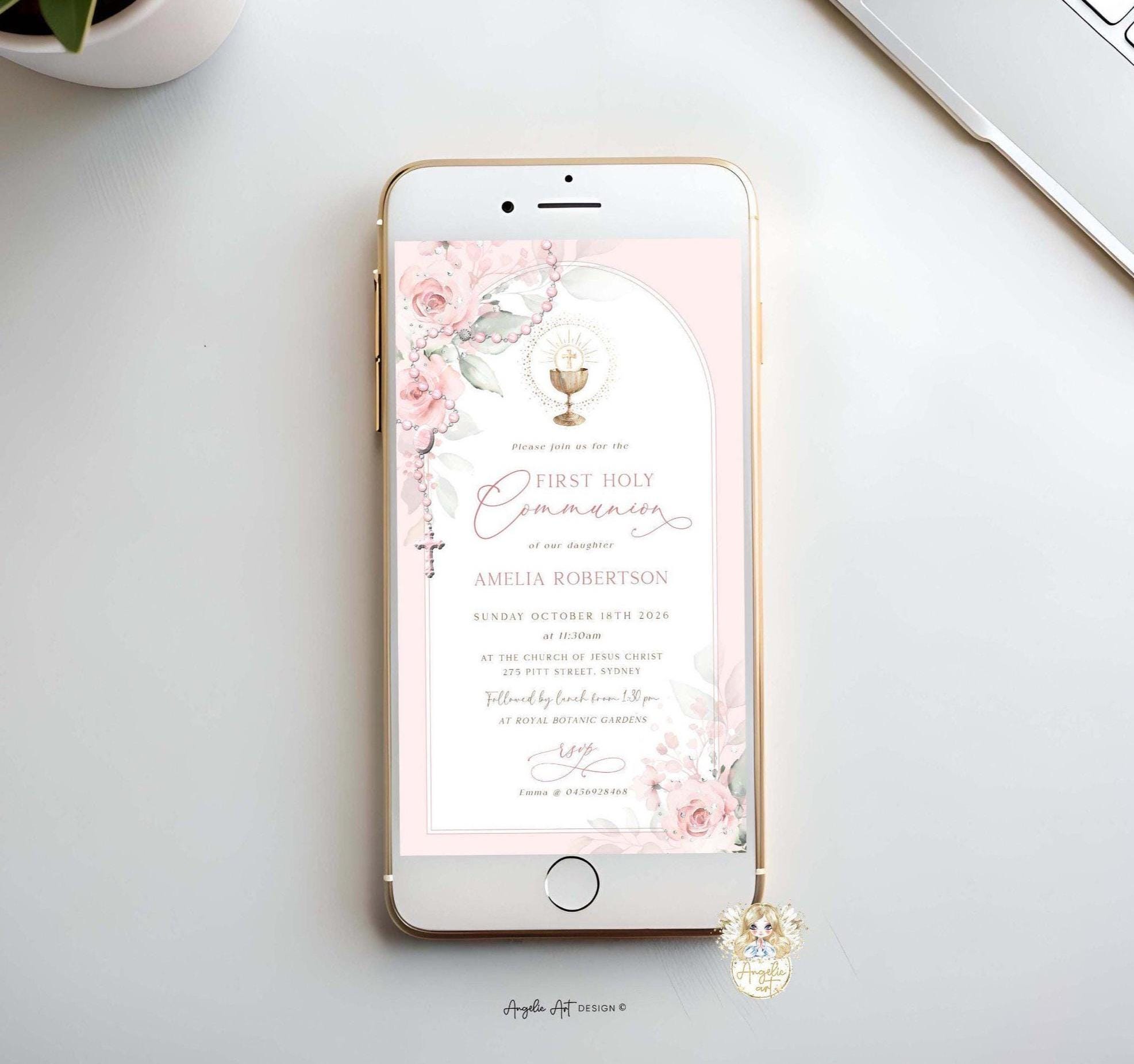 AMELIA - Girl First Holy Communion Invitation Template, Digital Blush ...