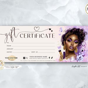 Modello di buono regalo di bellezza MODIFICABILE Buono regalo per salone di bellezza per capelli e trucco Modello di buono regalo per parrucchiere e truccatore Modello di carta regalo viola e oro stampabile