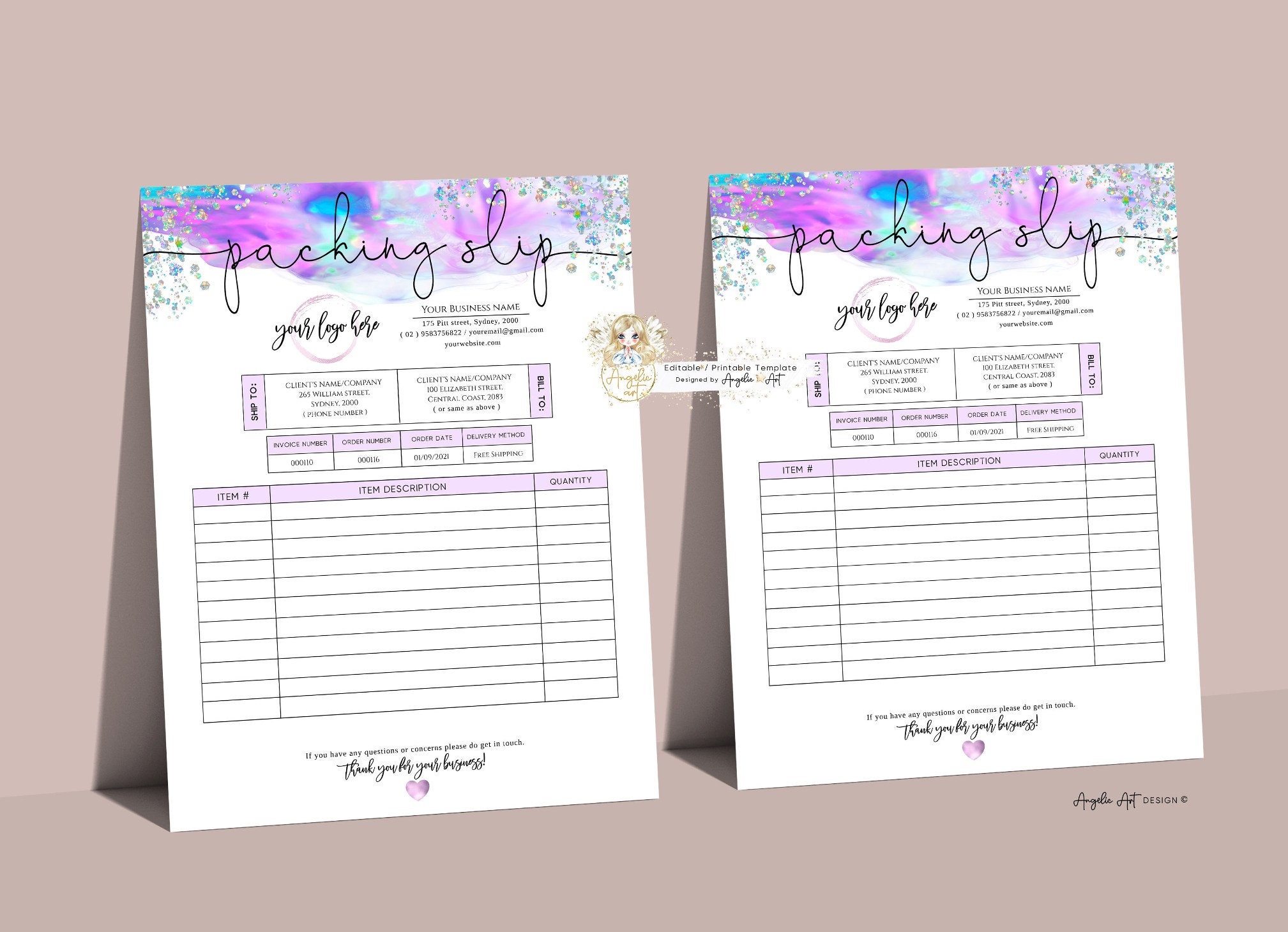 COLIBRI - Holographic Glitter Packing SLIP Template, Editable Printable ...