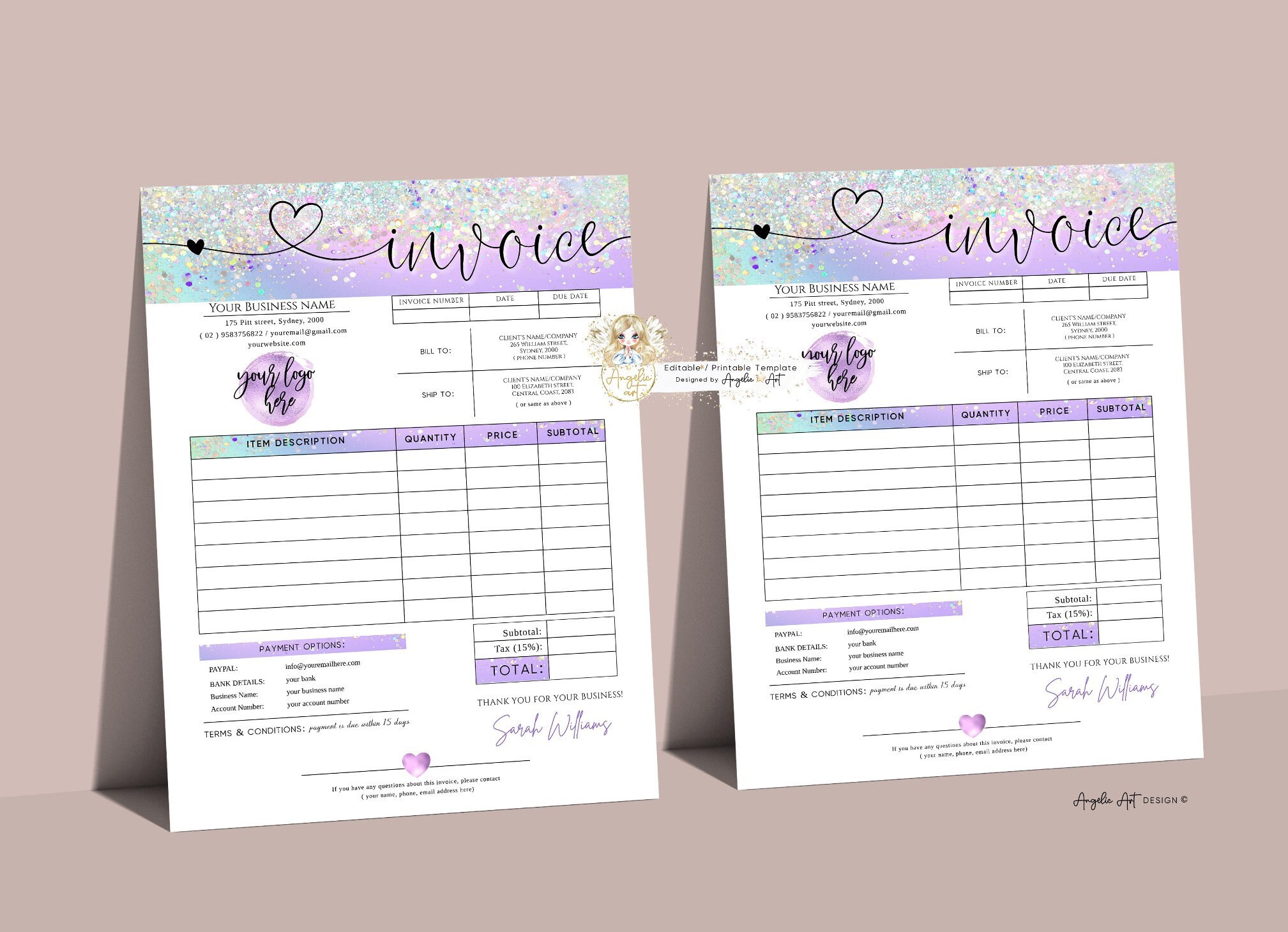 ELF - Holographic Glitter Invoice Form Template - EDITABLE Modern ...