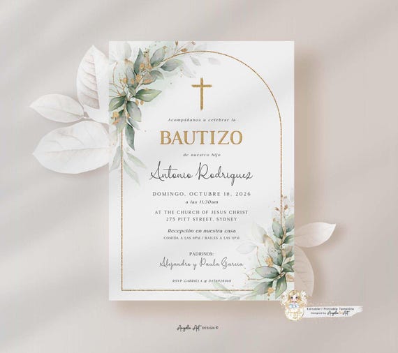 Editable Invitaciones Bautizo Niño, Verde Dorado Spanish Baptism Invitation Boy Editable - ROWAN