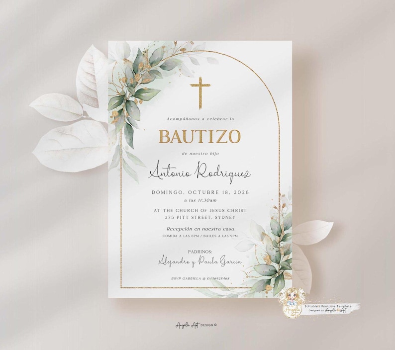 Invitaciones Bautizo Niño Verde Dorado Invitacion de Bautizo Imprimible