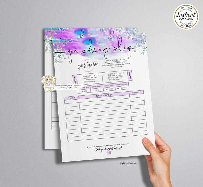 COLIBRI - Holographic Glitter Packing SLIP Template, Editable Printable ...