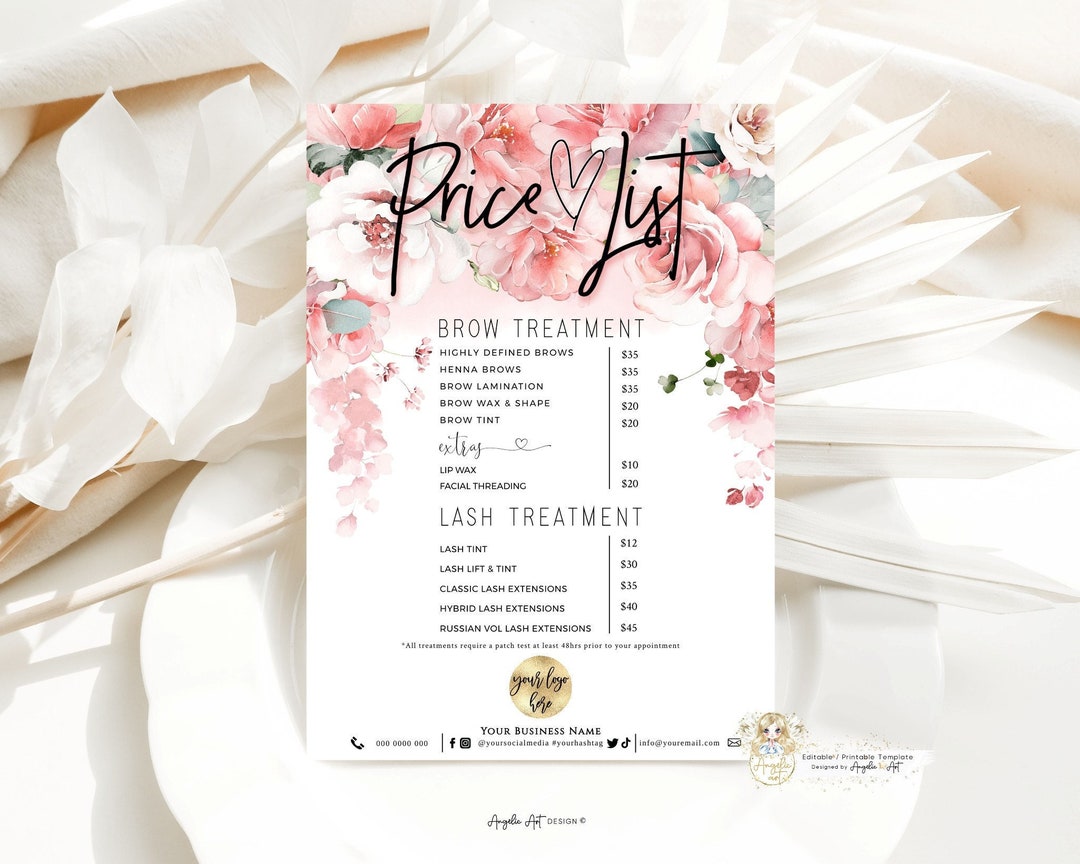 FLORAL Price List Template EDITABLE Printable Business Pricing Beauty