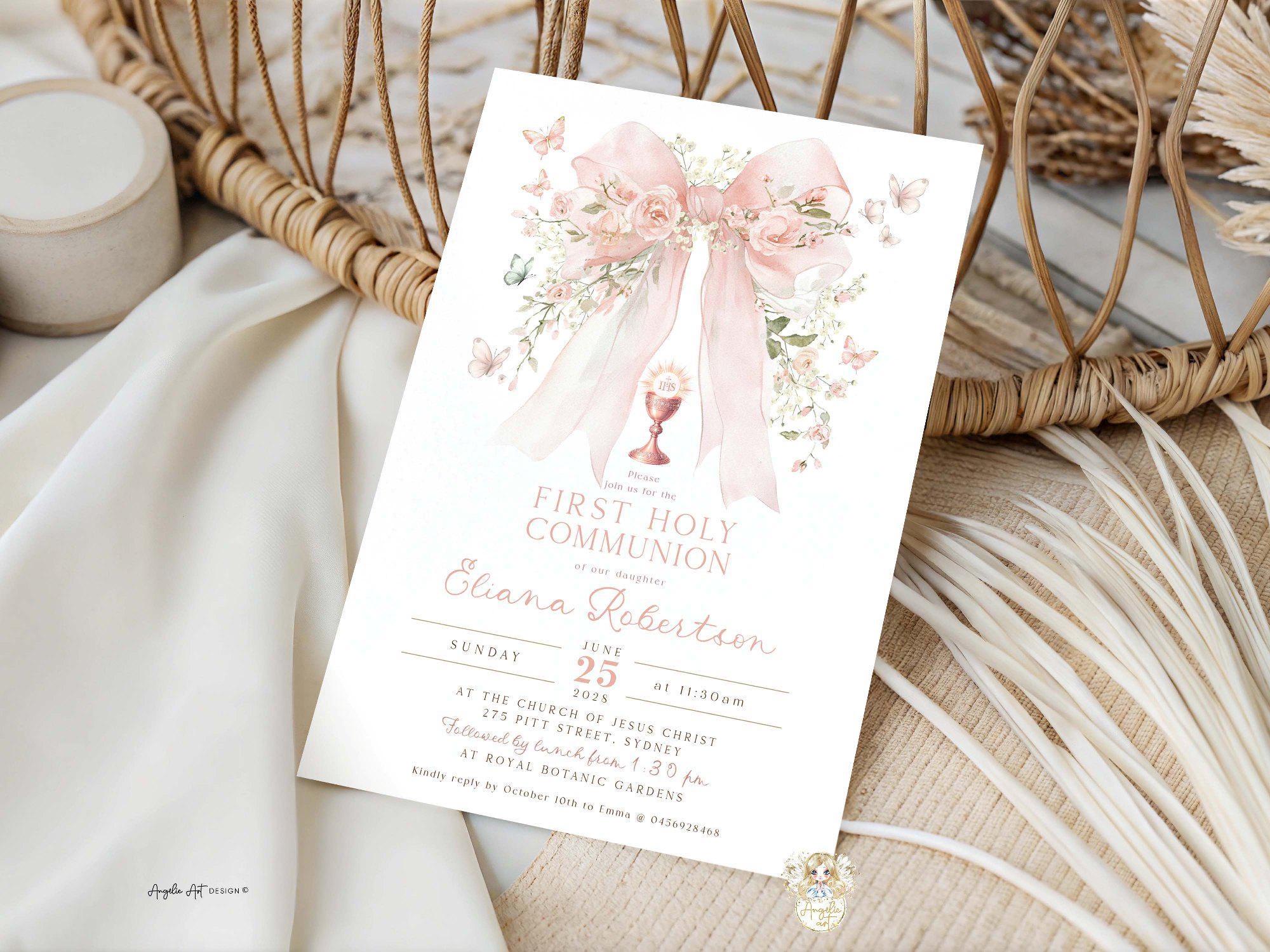 IVY - Blush Pink Floral BOW Butterfly First Holy Communion Invitation ...