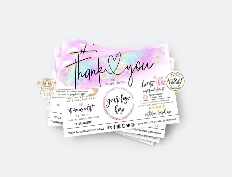PINK Pastel Unicorn Thank You For Your Order Insert Card
