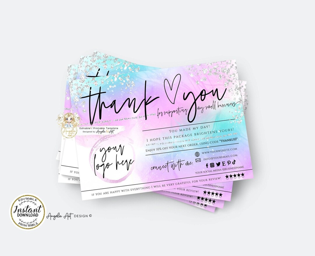 DREAMY - Pastel Pink Blue Thank You for Your Order Insert Card Template ...