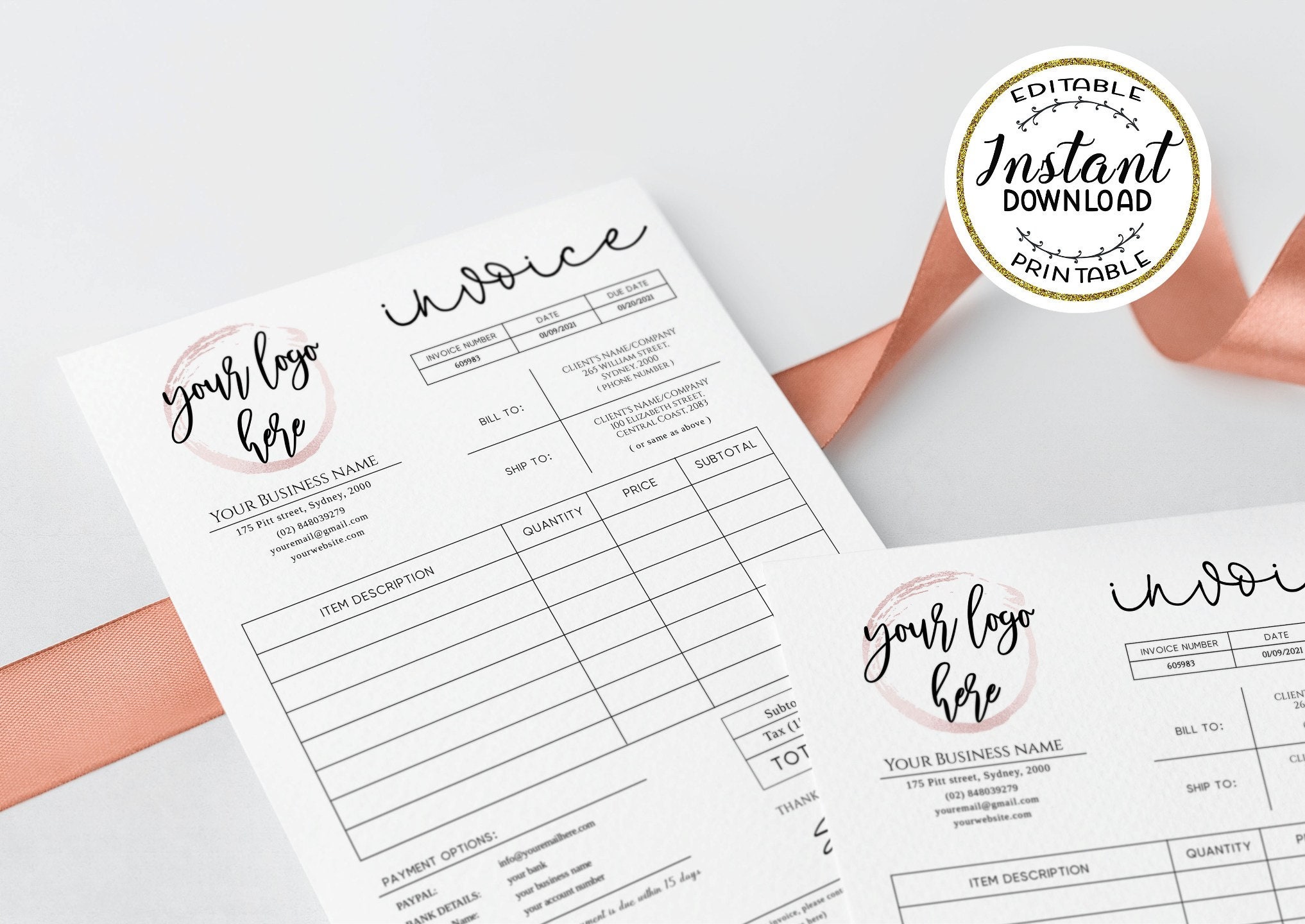 Editable Simple INVOICE Form Template - Modern Printable Invoice - Add ...