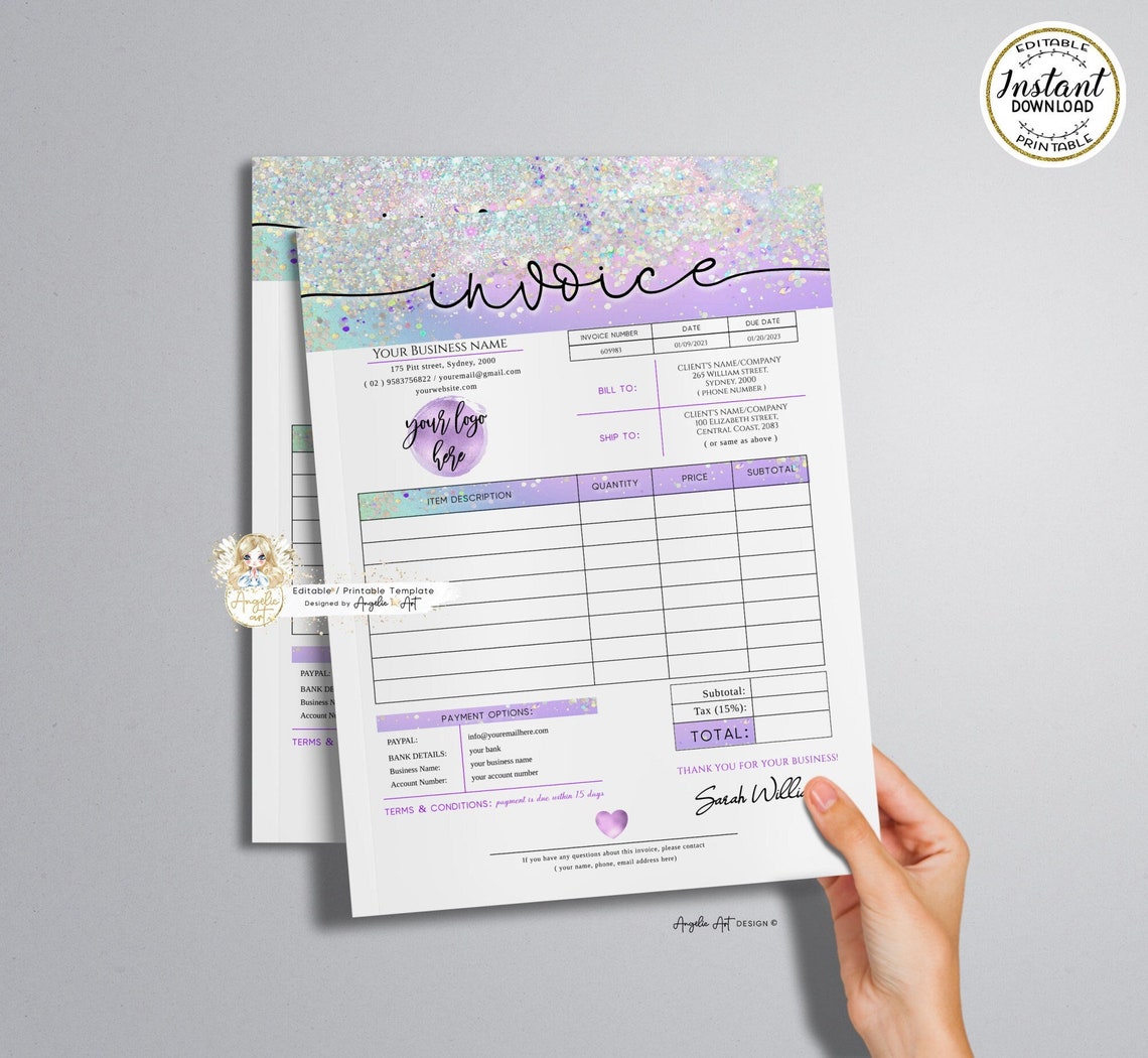 ELF - Holographic Invoice Template, EDITABLE Printable Invoice Form ...