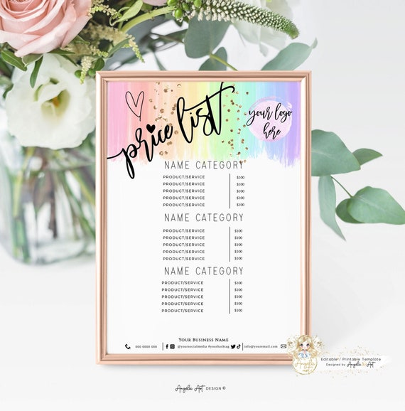 RAINBOW Price List Template EDITABLE Business Pricing Sign - Etsy