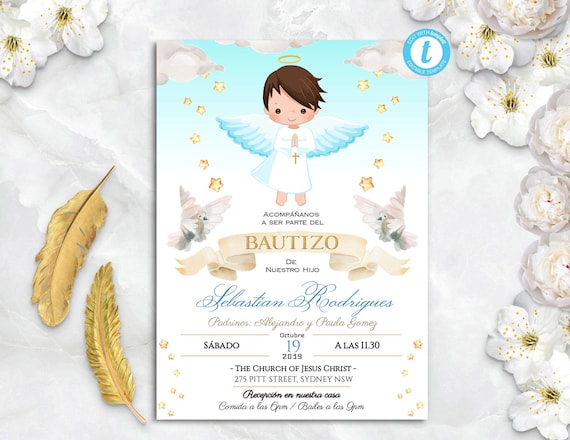 Invitaciones Bautizo Niño Invitacion De Bautizo Imprimible Angelic Baptism  Invitation Boy Spanish EDITABLE -  Israel