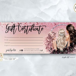 GLAM - sjabloon voor luxe kapsalon cadeaubon, BEWERKBARE afdrukbare sjabloon cadeaubon voor kapper, cadeaubon roségouden haarpruik