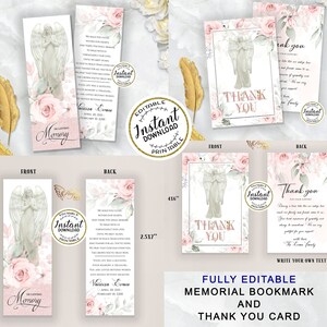 May include: A printable memorial bookmark and thank you card set featuring a watercolor angel with pink flowers. The bookmark is 2.5 inches by 7 inches and the card is 4 inches by 6 inches. The text on the bookmark reads "In Loving Memory" and the text on the card reads "Thank You".