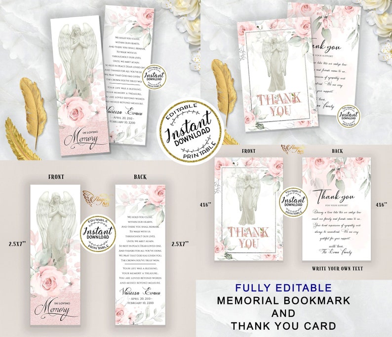 May include: A printable memorial bookmark and thank you card set featuring a watercolor angel with pink flowers. The bookmark is 2.5 inches by 7 inches and the card is 4 inches by 6 inches. The text on the bookmark reads "In Loving Memory" and the text on the card reads "Thank You".