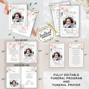 May include: A fully editable funeral program and prayer template with a pink floral design. The template includes a photo placeholder, text for the deceased's name, dates, and a prayer. The template is available in 5x7 inch and 3x5 inch sizes.