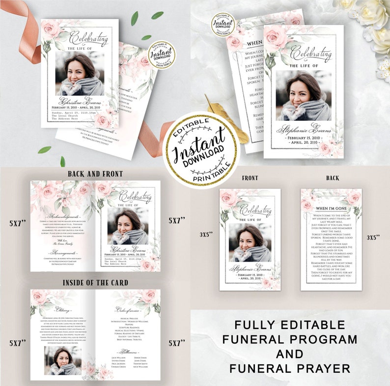 May include: A fully editable funeral program and prayer template with a pink floral design. The template includes a photo placeholder, text for the deceased's name, dates, and a prayer. The template is available in 5x7 inch and 3x5 inch sizes.