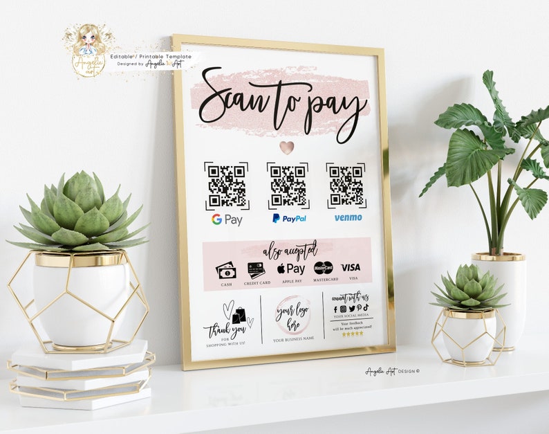ROSY Rose Gold Editable Scan to Pay Template QR Payment Sign Template Printable Scan to Pay Sign Customer QR Sign DiY Cash App Sign image 2