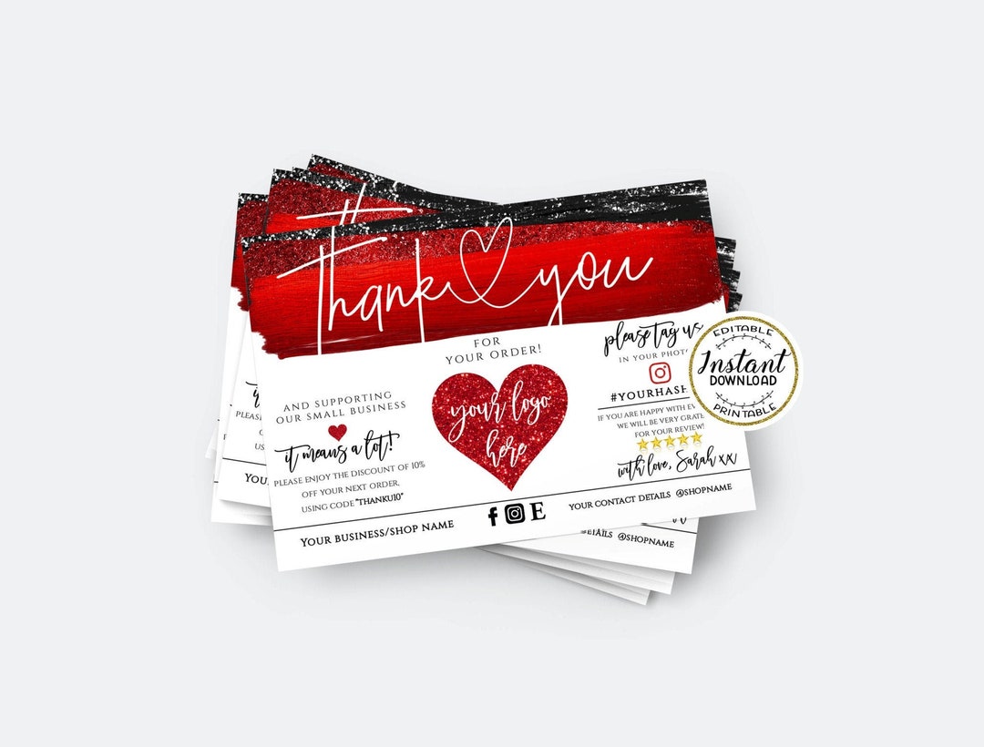 RED BLACK Glitter Business Thank You Insert Card, Modern Red Insert ...