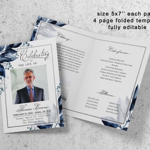 May include: A four-page funeral programme template featuring a blue and white watercolour floral design. The template is fully editable and includes sections for an obituary, order of service, and pallbearers. The template is 5x7 inches.