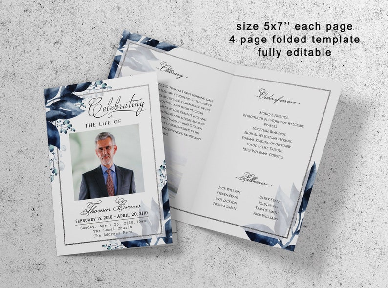 May include: A four-page funeral programme template featuring a blue and white watercolour floral design. The template is fully editable and includes sections for an obituary, order of service, and pallbearers. The template is 5x7 inches.