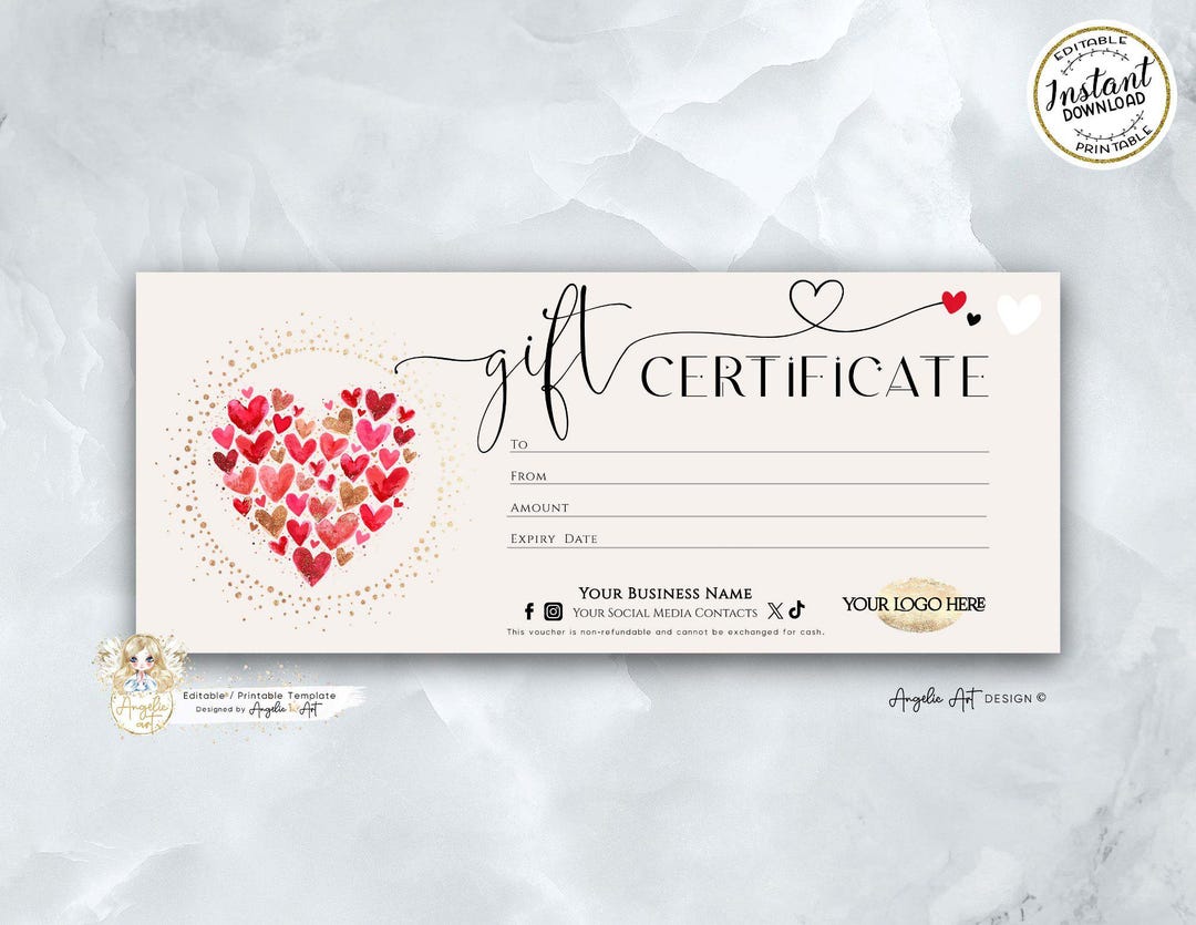Editable Heart Gift Certificate Template Holiday Gift Voucher Editable ...