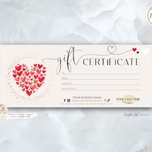 Peut inclure: Un modèle de chèque-cadeau imprimable avec un motif de cœur aquarelle. Le modèle comprend des champs pour "À", "De", "Montant" et "Date d'expiration". Il comprend également un espace pour un nom d'entreprise, des coordonnées de médias sociaux et un logo.