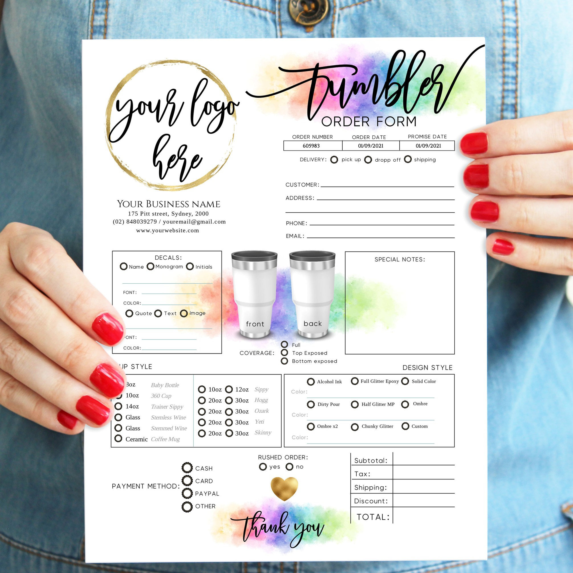 Rainbow TUMBLER Order Form Template Modern Printable Tumbler Etsy