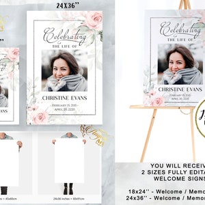 May include: Two printable memorial posters with a floral design and a photo placeholder. The posters are available in two sizes: 18x24 inches and 24x36 inches. The text on the poster reads "Celebrating the Life of" and includes space for a name and dates.