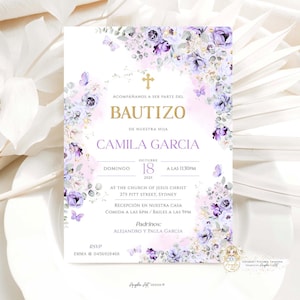 VIOLET - Invitacione De bautizo Niña Púrpura Convite Floral Batismo Menina Espanhol Roxo Ouro Bautizo Convite EDITÁVEL Para Imprimir
