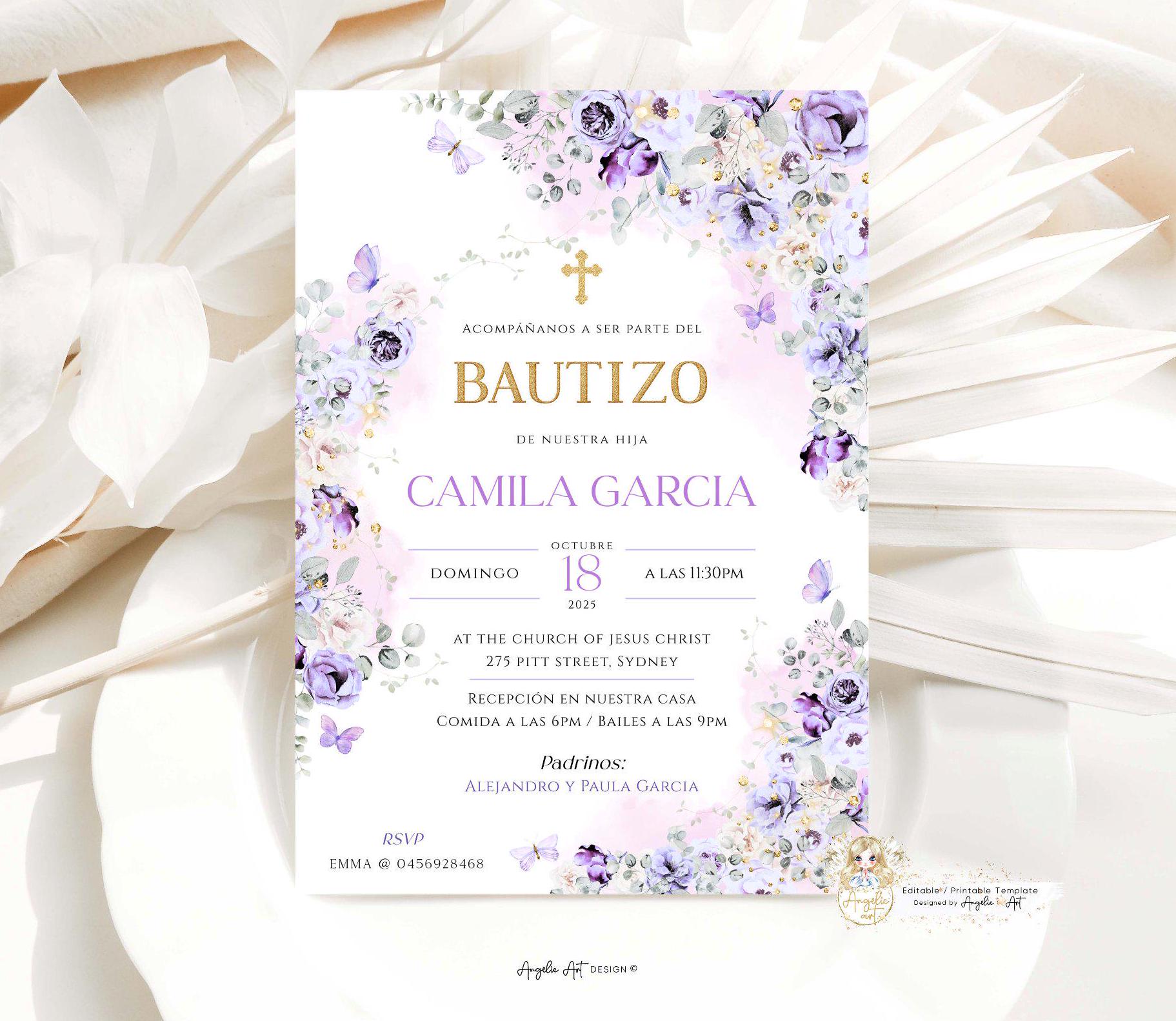 VIOLET - Invitacione De bautizo Niña Púrpura Floral Baptism Invitation Girl Spanish Purple Gold Bautizo Invitation EDITABLE Para Imprimir