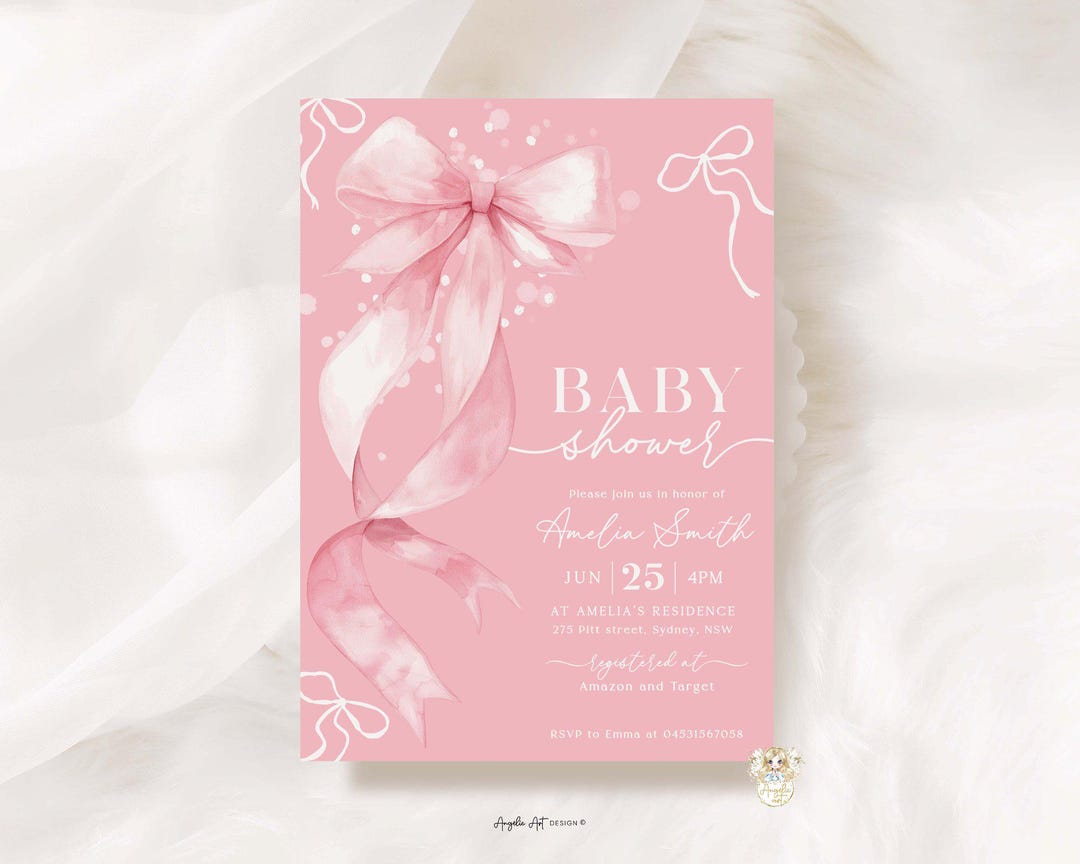 Blush Pink BABY SHOWER Girl BOW Invitation Template, Editable Digital ...