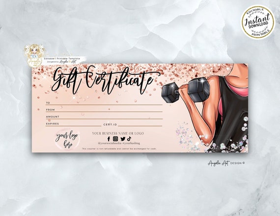 FITNESS Workout Personal Trainer Gift Certificate Template Rosegold Glitter  EDITABLE Printable Gift Card Sport Fitness Gift Voucher 