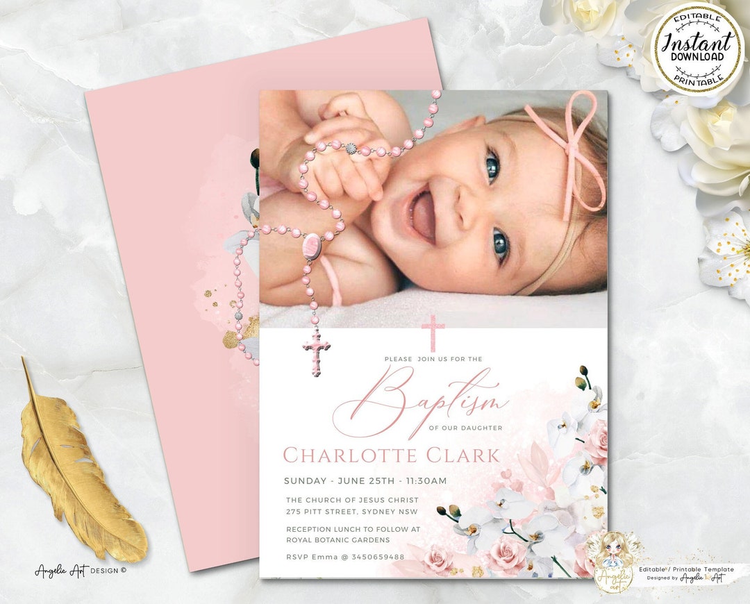 MIA - Blush Pink Girl Baptism Invitation Template With Photo, Rosary ...