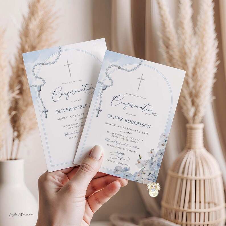 Editable Floral Blue ORCHID Confirmation Boy Invite Sky Blue White ...