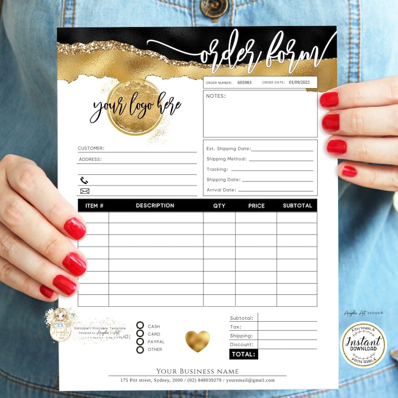 TOUCAN - Black Gold Glitter Order Form Template EDITABLE Printable ...